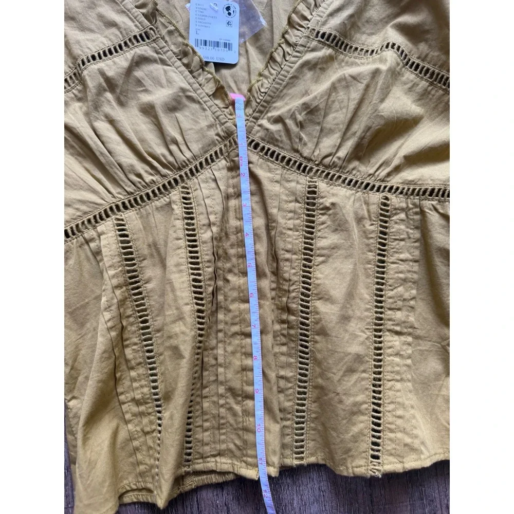 Free‎ People Lemon Party Smocked Waist Blouse Gold Cotton Lace Top Large